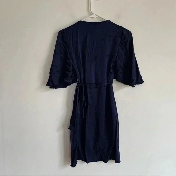 Bec & Bridge Dahlia Wrap Mini Dress Navy Blue Raw Edge Satin Classic Formal - Picture 3 of 7